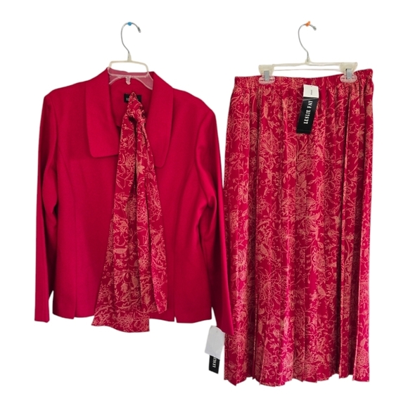 VTGLeslie Fay 3Piece Skirt Suit 16P Floral LongSleeve Pleated ButtonUp Deadstock - Picture 1 of 15